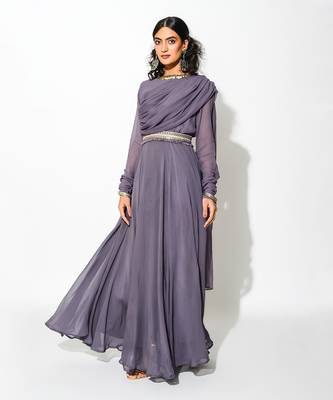 Purple Georgette Embellishment Draped Anarkali With Belt  1
