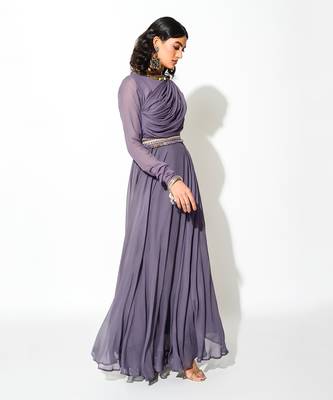 Purple Georgette Embellishment Draped Anarkali With Belt  2