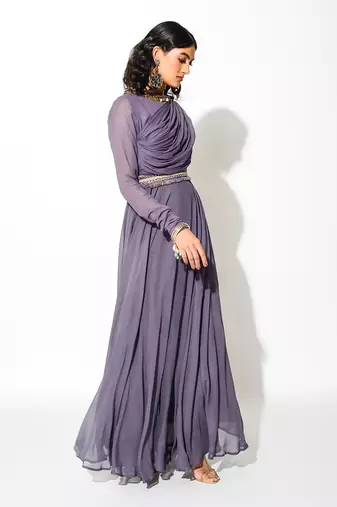 Purple Georgette Embellishment Draped Anarkali With Belt 