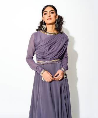 Purple Georgette Embellishment Draped Anarkali With Belt  3