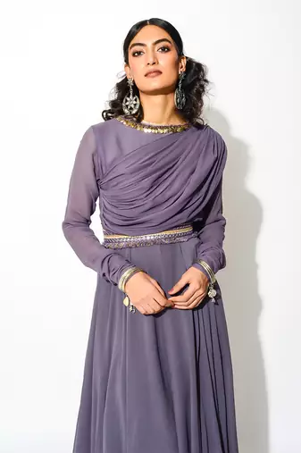 Purple Georgette Embellishment Draped Anarkali With Belt 
