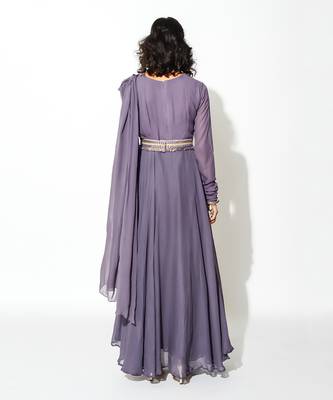 Purple Georgette Embellishment Draped Anarkali With Belt  4