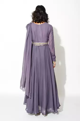 Purple Georgette Embellishment Draped Anarkali With Belt 