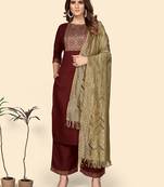 Vbuyz Women'S Printed Straight Cotton Blend Marron Stitched Kurta Palazzo With Dupatta