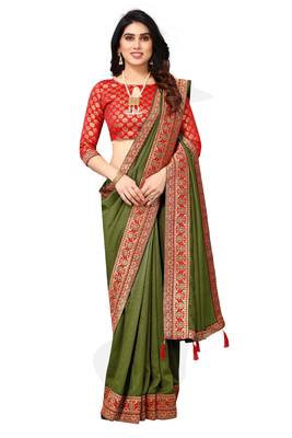 Mahendi Green Vichitra Silk Blend Saree With Fancy Lace And Blouse Piece. 1