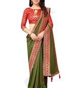 Mahendi Green Vichitra Silk Blend Saree With Fancy Lace And Blouse Piece.
