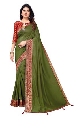 Mahendi Green Vichitra Silk Blend Saree With Fancy Lace And Blouse Piece. 2