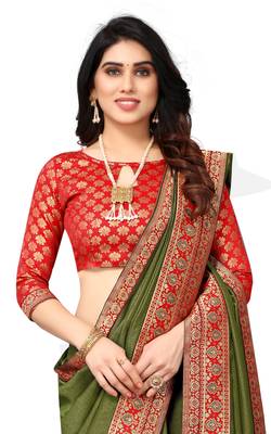 Mahendi Green Vichitra Silk Blend Saree With Fancy Lace And Blouse Piece. 3