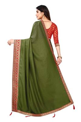 Mahendi Green Vichitra Silk Blend Saree With Fancy Lace And Blouse Piece. 4