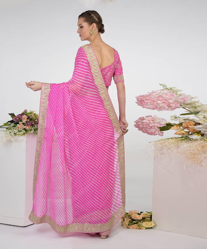 Pink Leheriya Kashmiri Paisley Tilla Saree