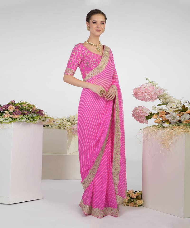 Pink Leheriya Kashmiri Paisley Tilla Saree