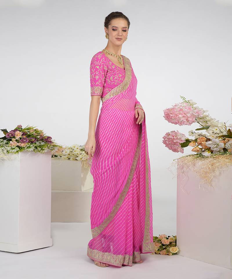 Pink Leheriya Kashmiri Paisley Tilla Saree