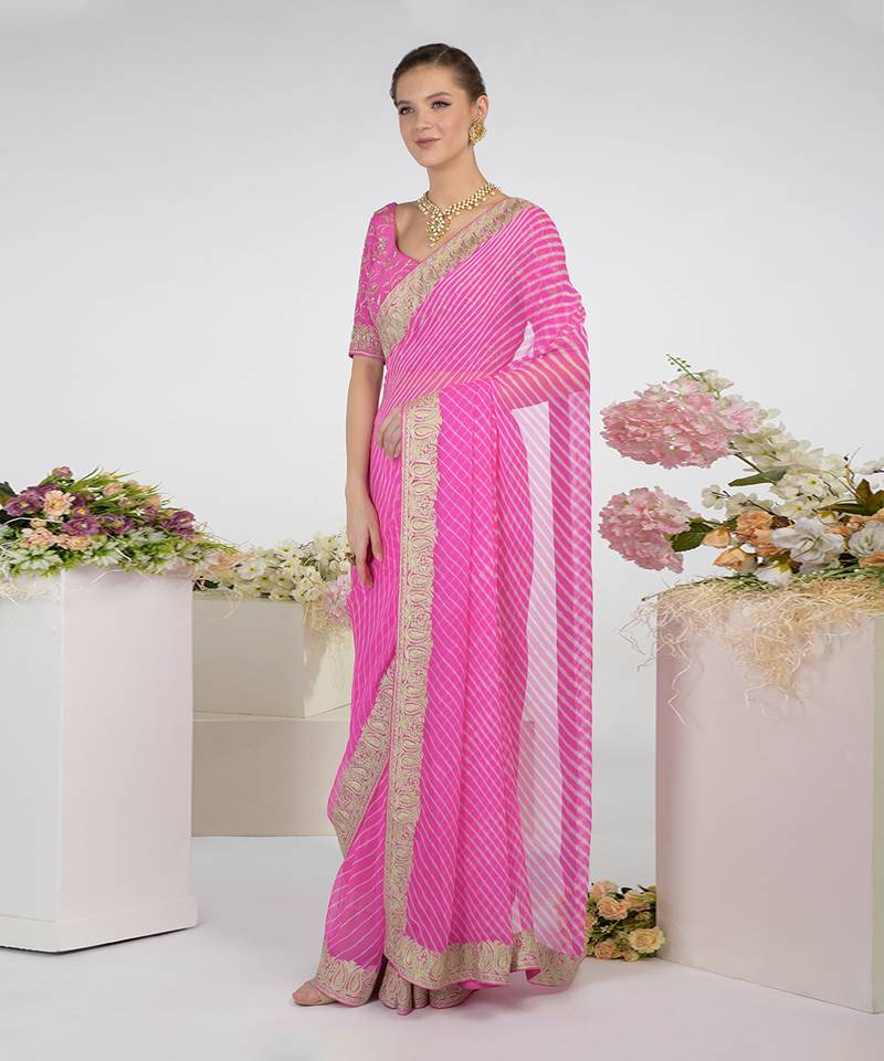 Pink Leheriya Kashmiri Paisley Tilla Saree