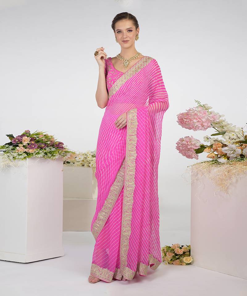 Pink Leheriya Kashmiri Paisley Tilla Saree