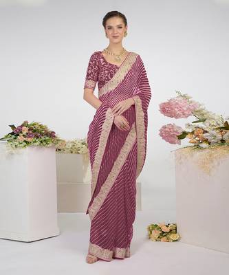 Burgundy Purple Leheriya Kashmiri Paisley Tilla Saree 1