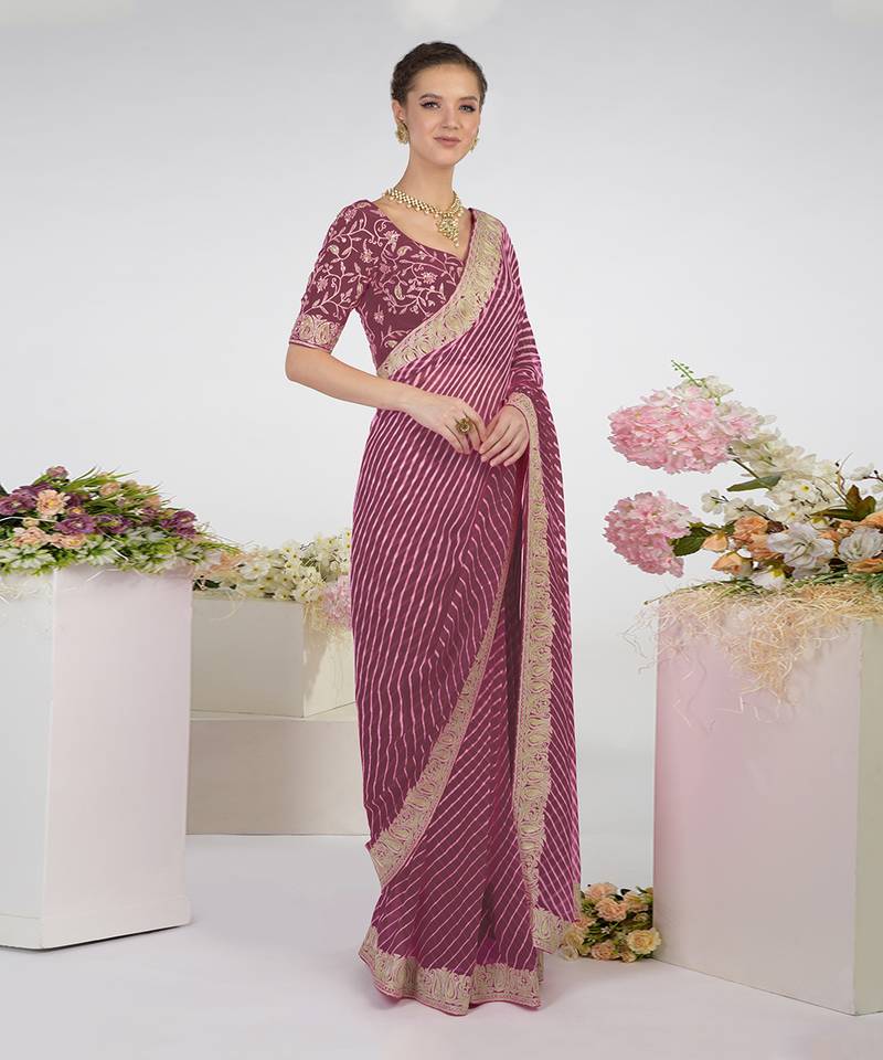 Burgundy Purple Leheriya Kashmiri Paisley Tilla Saree