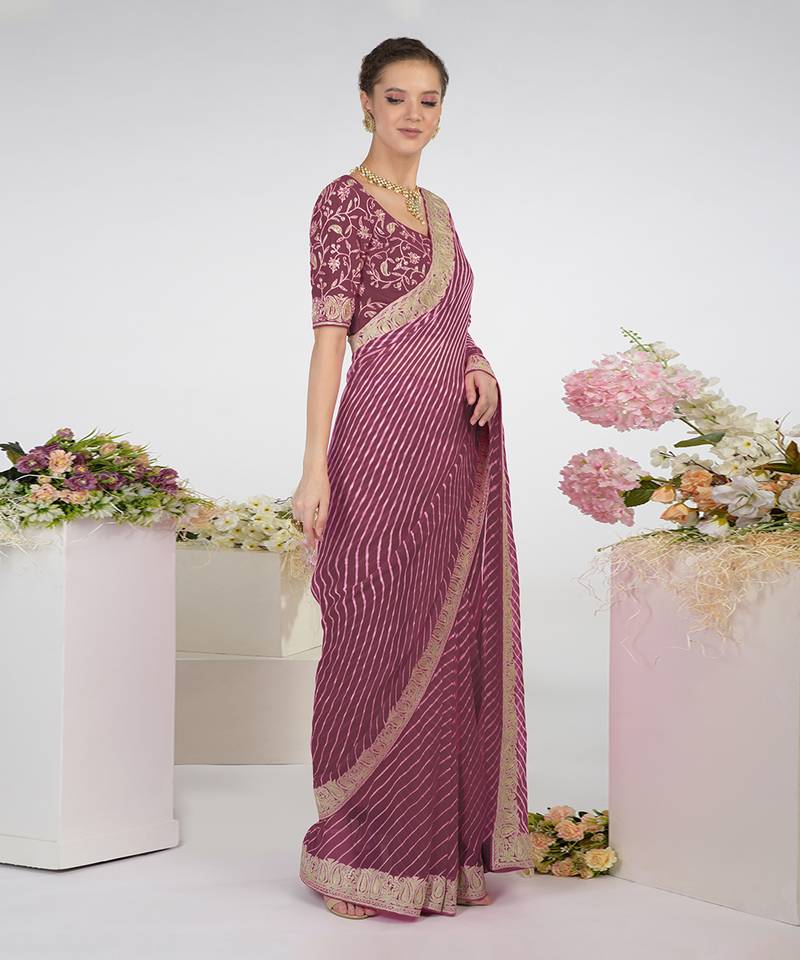 Burgundy Purple Leheriya Kashmiri Paisley Tilla Saree