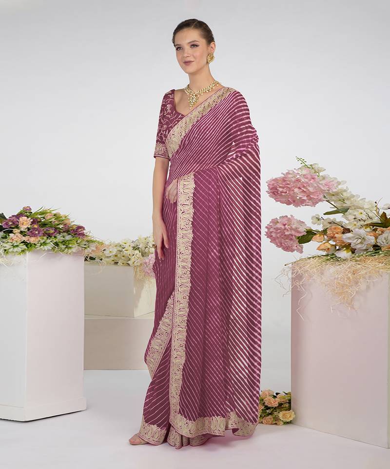Burgundy Purple Leheriya Kashmiri Paisley Tilla Saree