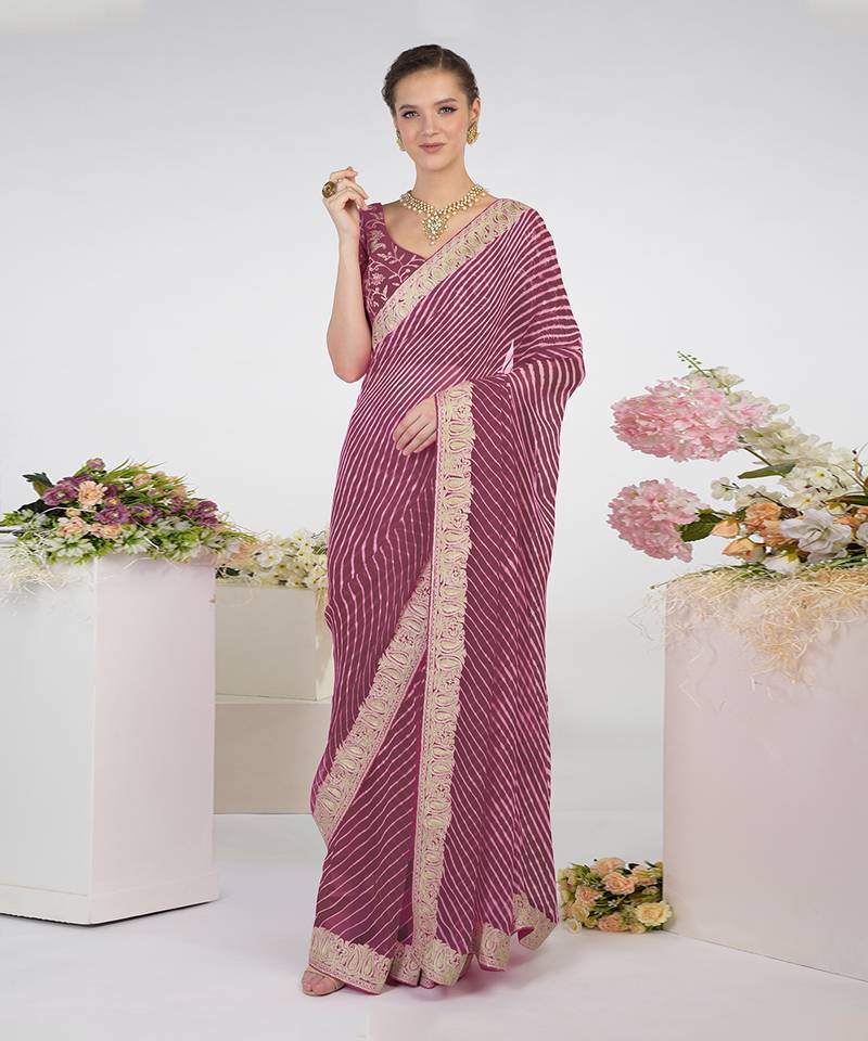 Burgundy Purple Leheriya Kashmiri Paisley Tilla Saree