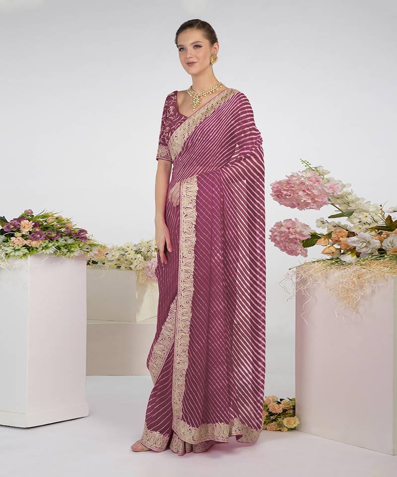Burgundy Purple Leheriya Kashmiri Paisley Tilla Saree