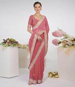 Garnet Rose Leheriya Kashmiri Paisley Tilla Saree
