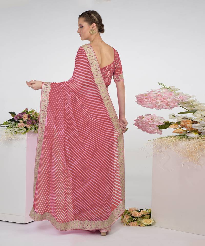 Garnet Rose Leheriya Kashmiri Paisley Tilla Saree