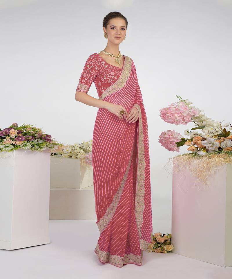 Garnet Rose Leheriya Kashmiri Paisley Tilla Saree