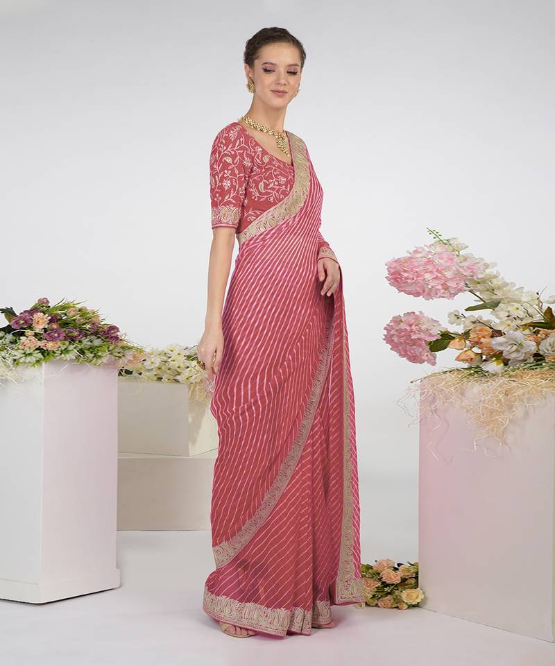 Garnet Rose Leheriya Kashmiri Paisley Tilla Saree