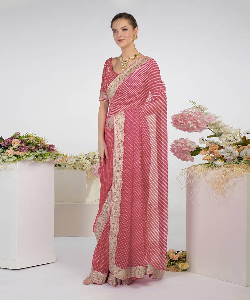 Garnet Rose Leheriya Kashmiri Paisley Tilla Saree