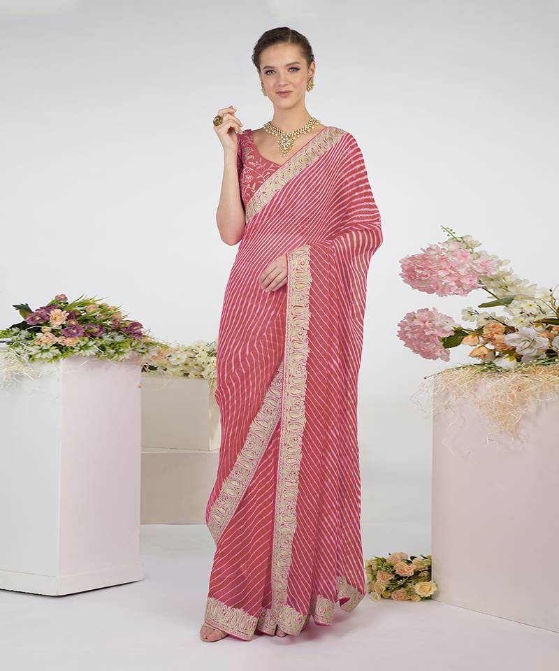 Garnet Rose Leheriya Kashmiri Paisley Tilla Saree