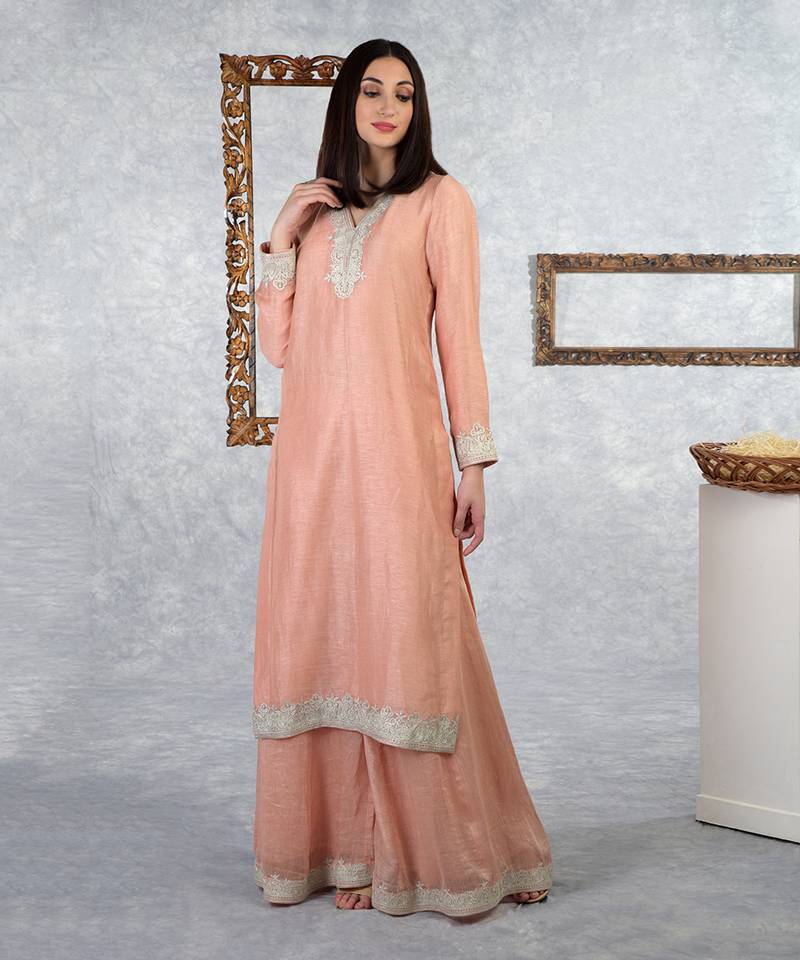 Pale Peach Kashmiri Tilla Embroidered Kurta Set