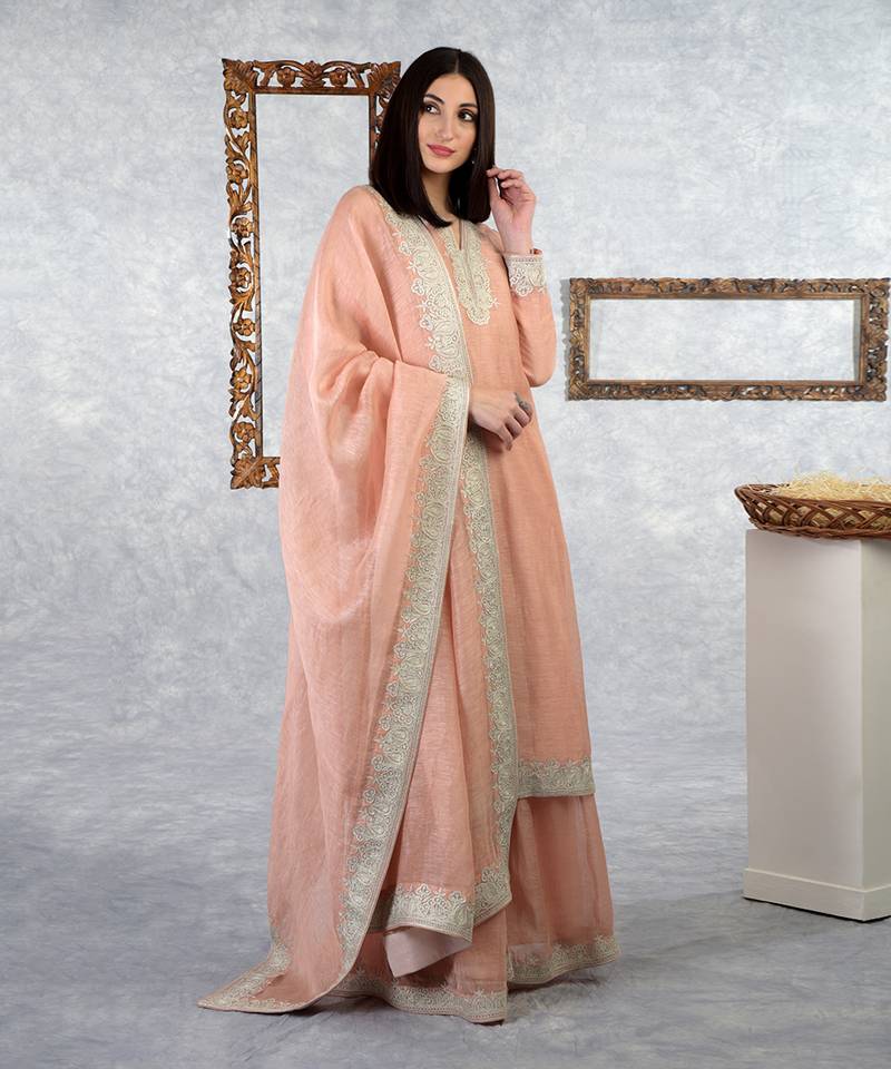 Pale Peach Kashmiri Tilla Embroidered Kurta Set