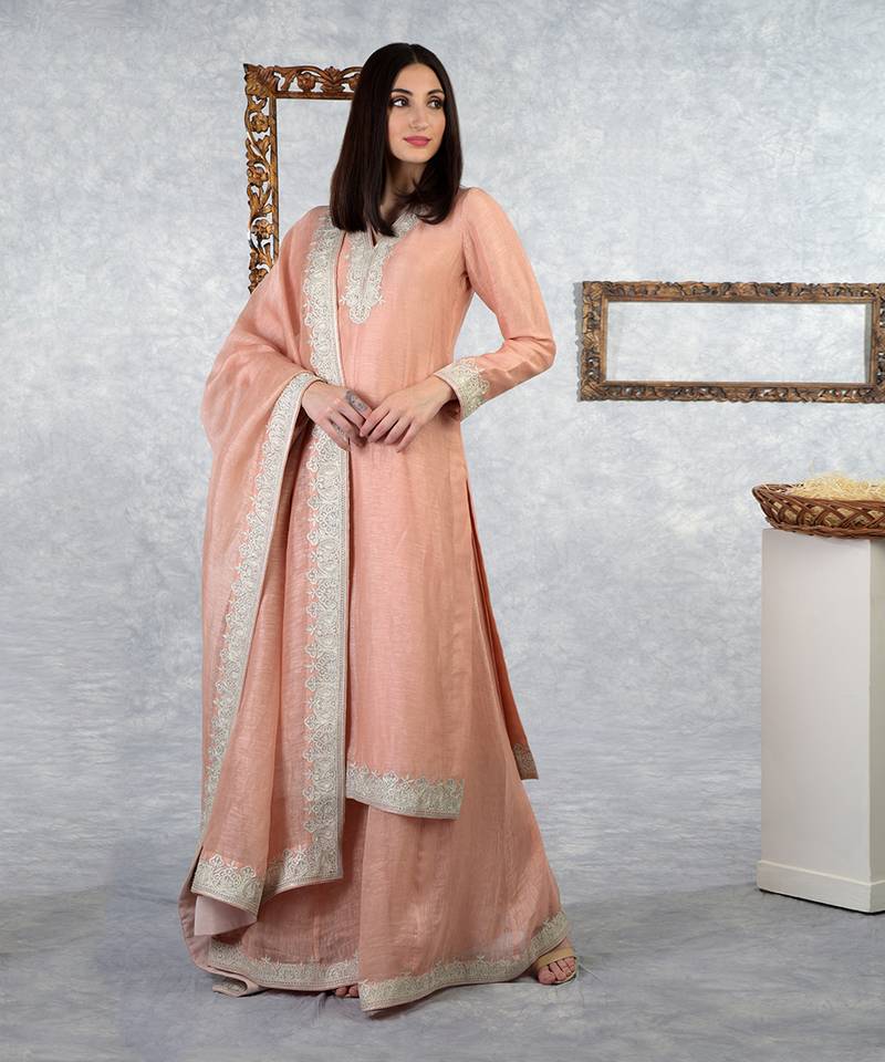 Pale Peach Kashmiri Tilla Embroidered Kurta Set