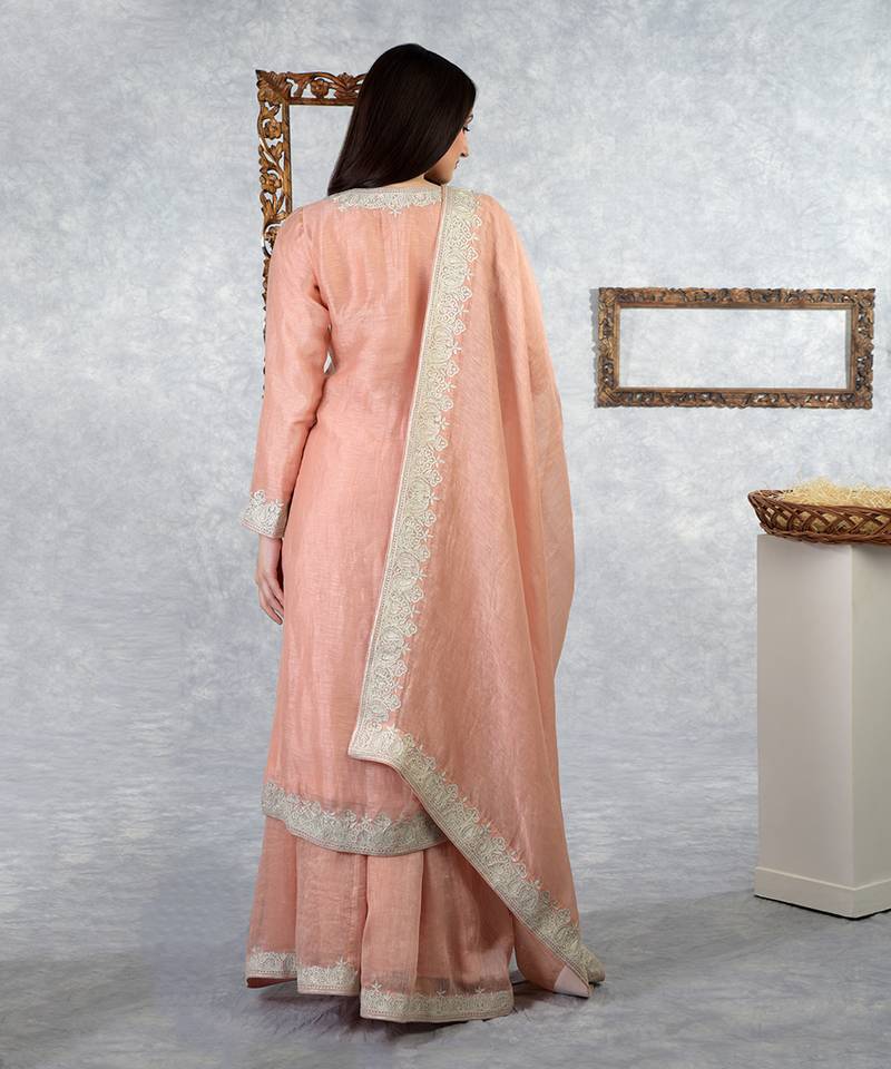 Pale Peach Kashmiri Tilla Embroidered Kurta Set