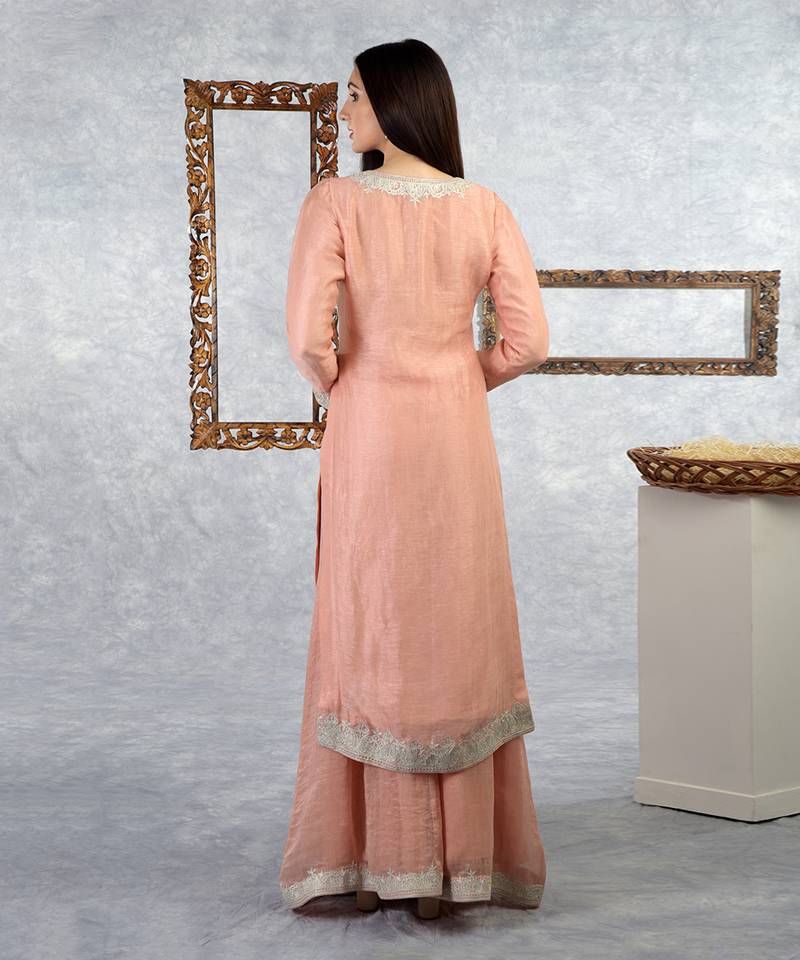Pale Peach Kashmiri Tilla Embroidered Kurta Set