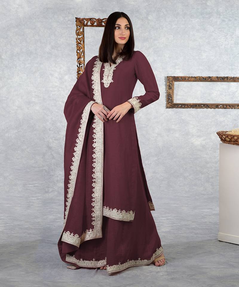 Burgundy Kashmiri Tilla Embroidered Kurta Set