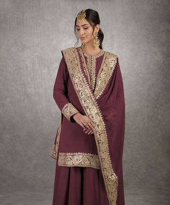 Burgundy Purple Rosegold Marori Gota Patti & Zardozi Hand Embroidered Sharara Set 2