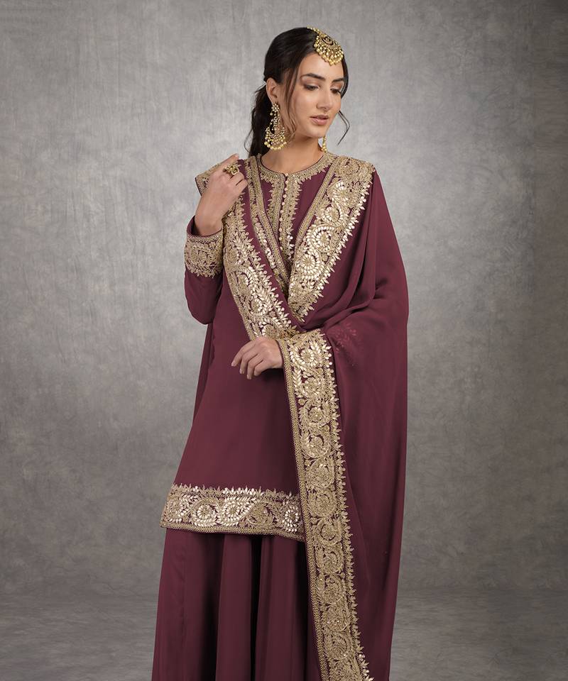Burgundy Purple Rosegold Marori Gota Patti & Zardozi Hand Embroidered Sharara Set
