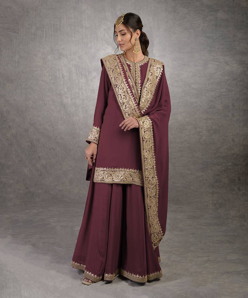 Burgundy Purple Rosegold Marori Gota Patti & Zardozi Hand Embroidered Sharara Set