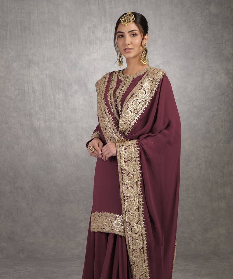 Burgundy Purple Rosegold Marori Gota Patti & Zardozi Hand Embroidered Sharara Set
