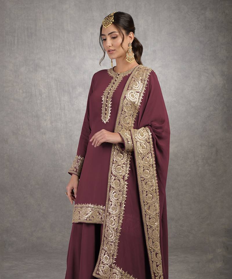 Burgundy Purple Rosegold Marori Gota Patti & Zardozi Hand Embroidered Sharara Set