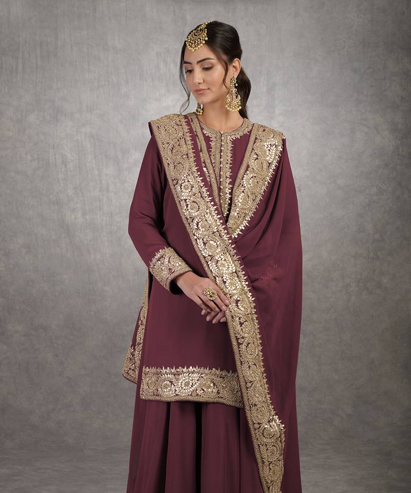 Burgundy Purple Rosegold Marori Gota Patti & Zardozi Hand Embroidered Sharara Set