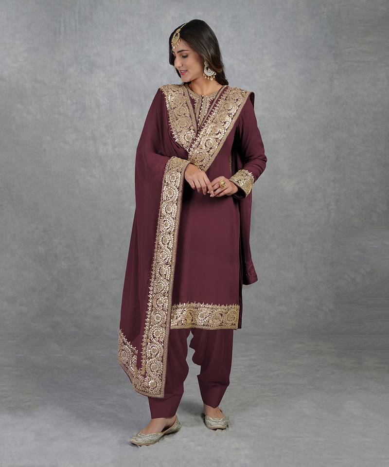 Burgundy Purple Rosegold Marori Gota Patti & Zardozi Hand Embroidered Sharara Set