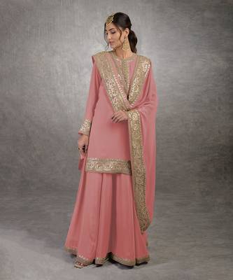 Coral Rosegold Marori Gota Patti & Zardozi Hand Embroidered Sharara Set 4