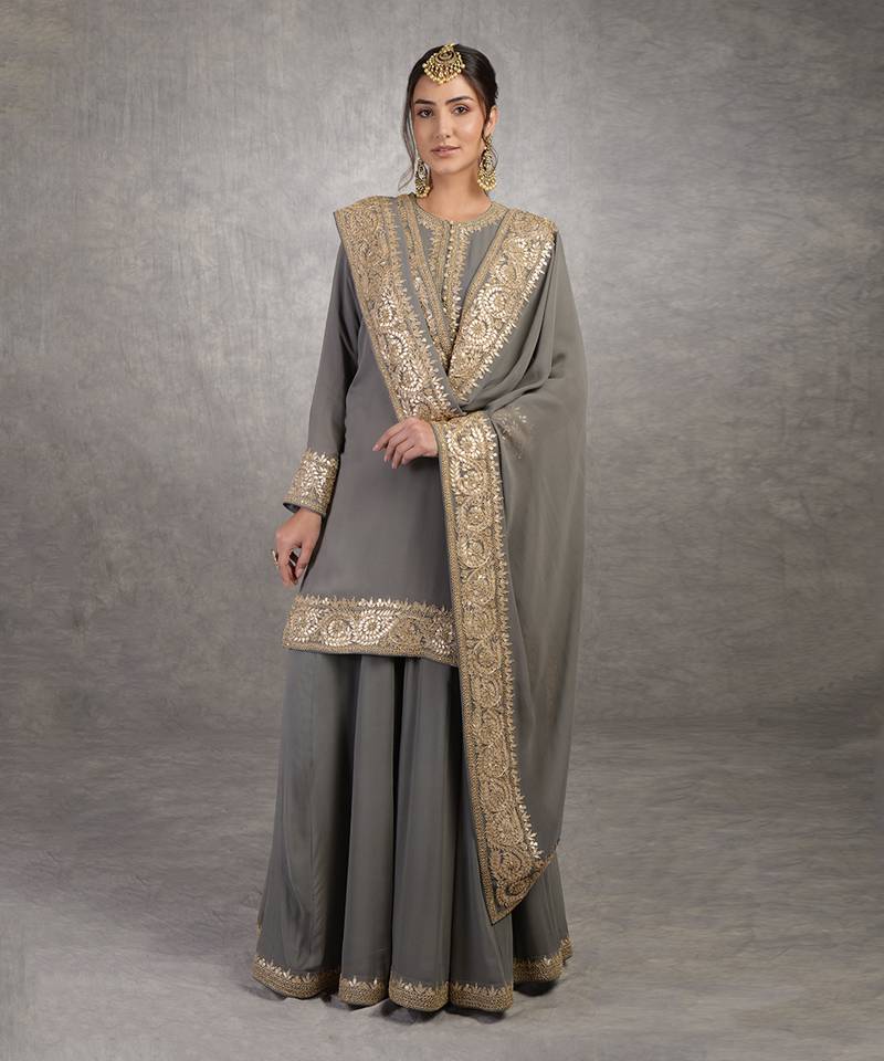 Grey Rosegold Marori Gota Patti & Zardozi Hand Embroidered Sharara Set