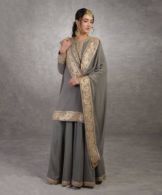 Grey Rosegold Marori Gota Patti & Zardozi Hand Embroidered Sharara Set 3