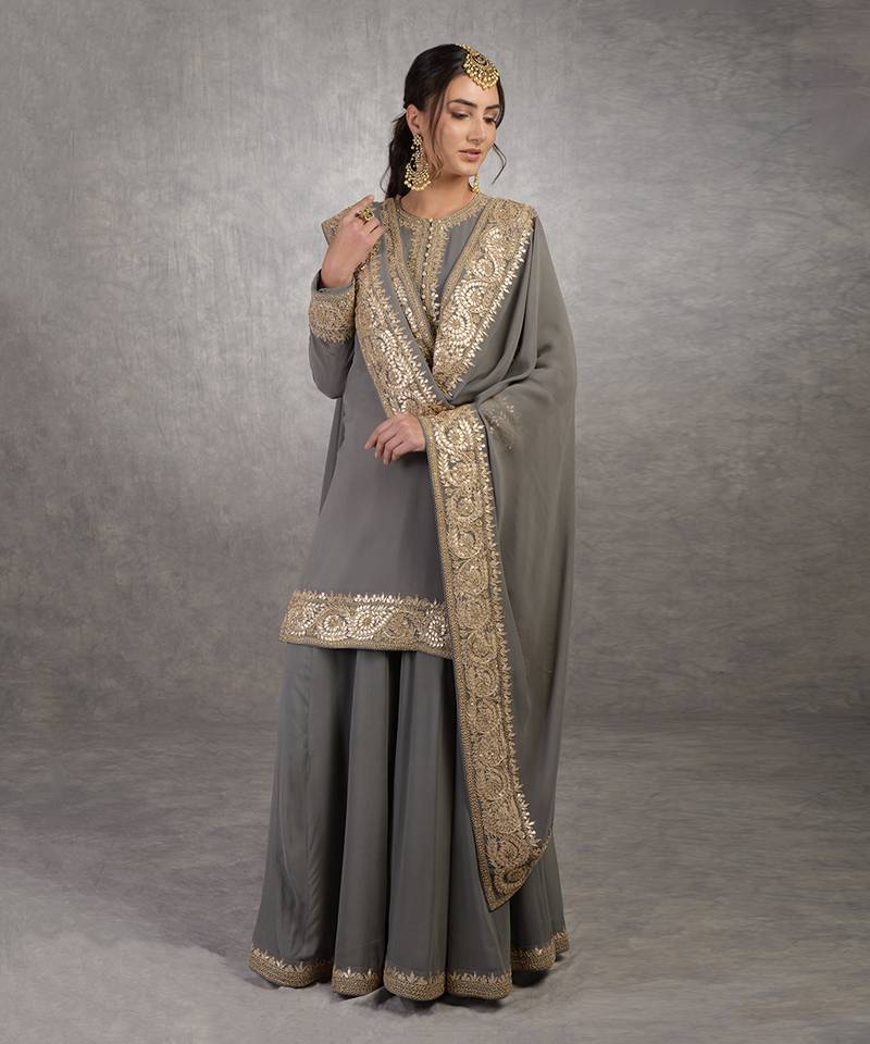 Grey Rosegold Marori Gota Patti & Zardozi Hand Embroidered Sharara Set