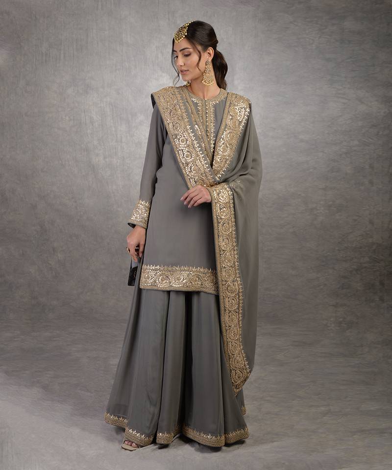 Grey Rosegold Marori Gota Patti & Zardozi Hand Embroidered Sharara Set