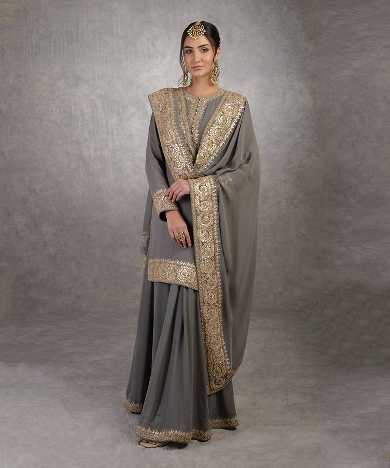 Grey Rosegold Marori Gota Patti & Zardozi Hand Embroidered Sharara Set