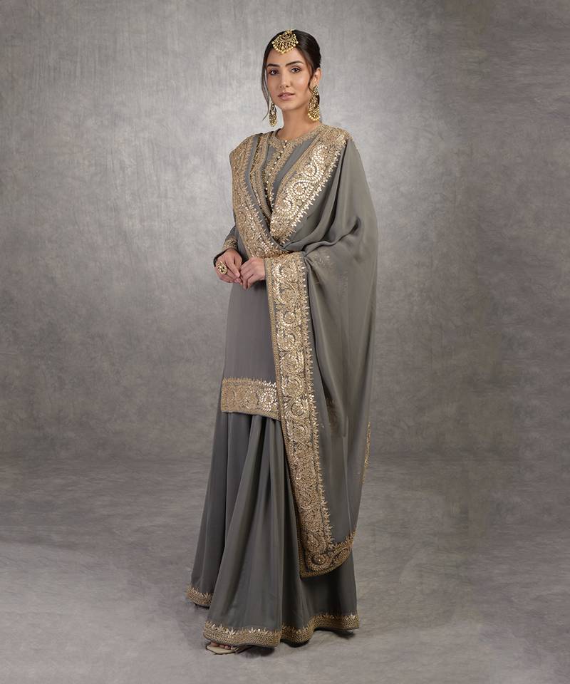 Grey Rosegold Marori Gota Patti & Zardozi Hand Embroidered Sharara Set